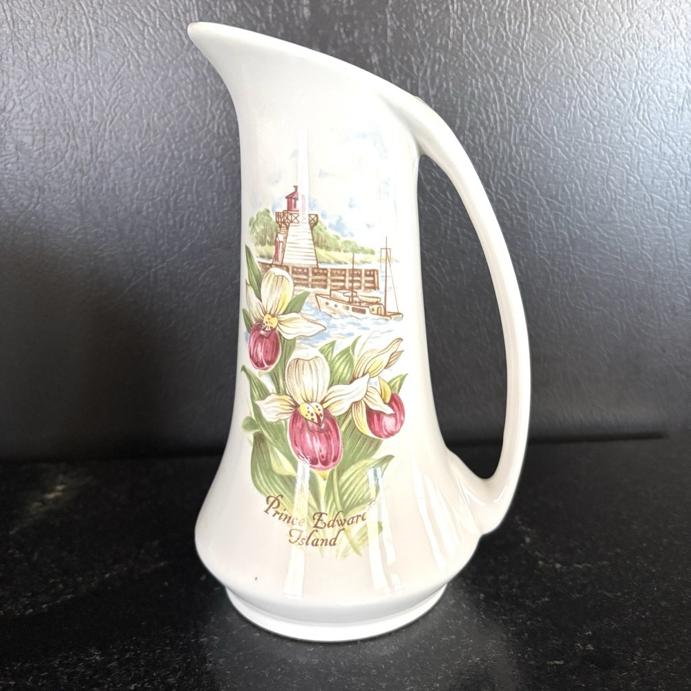 Melba Ware PEI Pitcher Staffordshire England 7.25” White Floral Lighthouse Jug